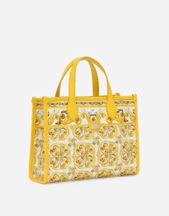 Canvas handbag with yellow majolica print