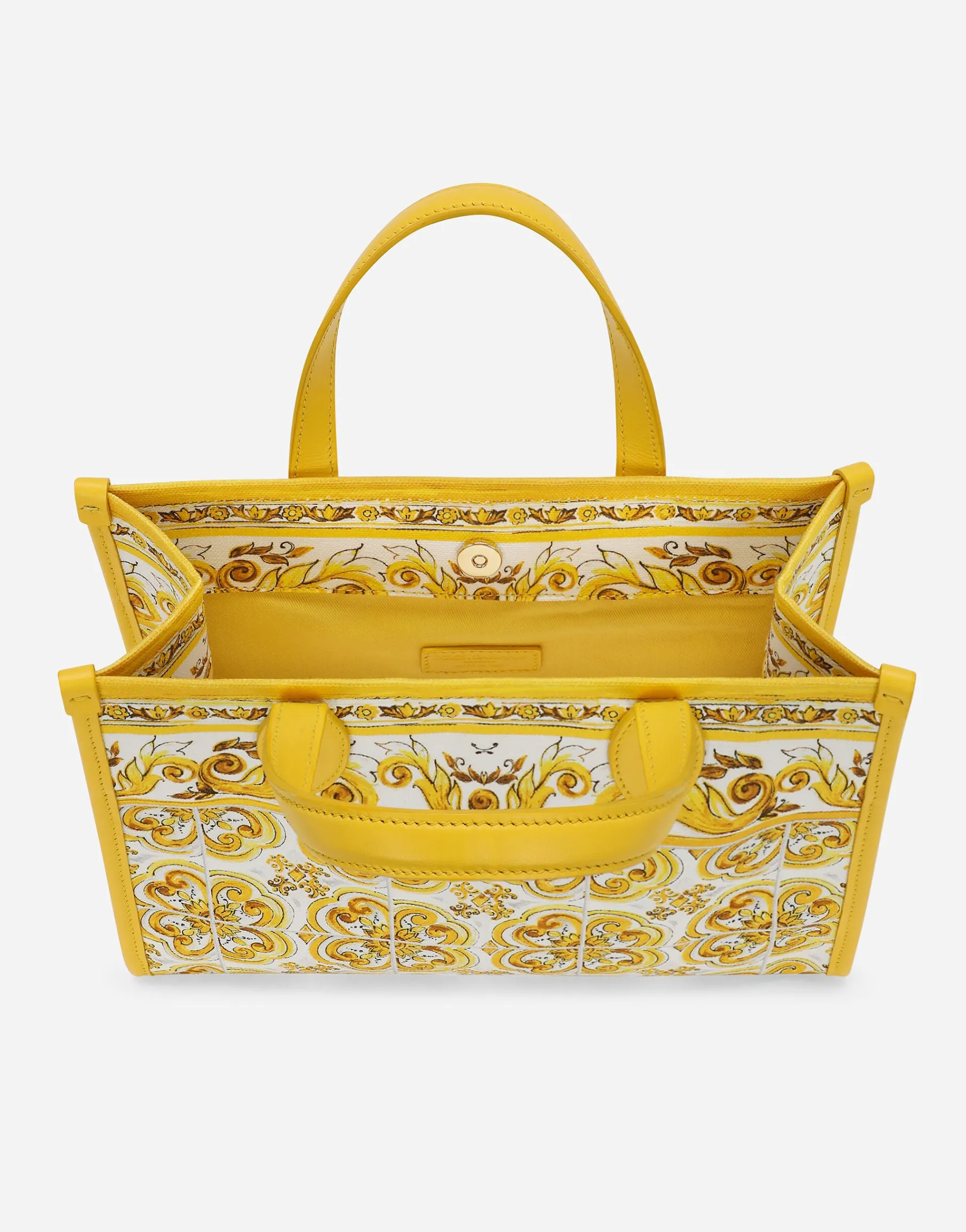 Canvas handbag with yellow majolica print
