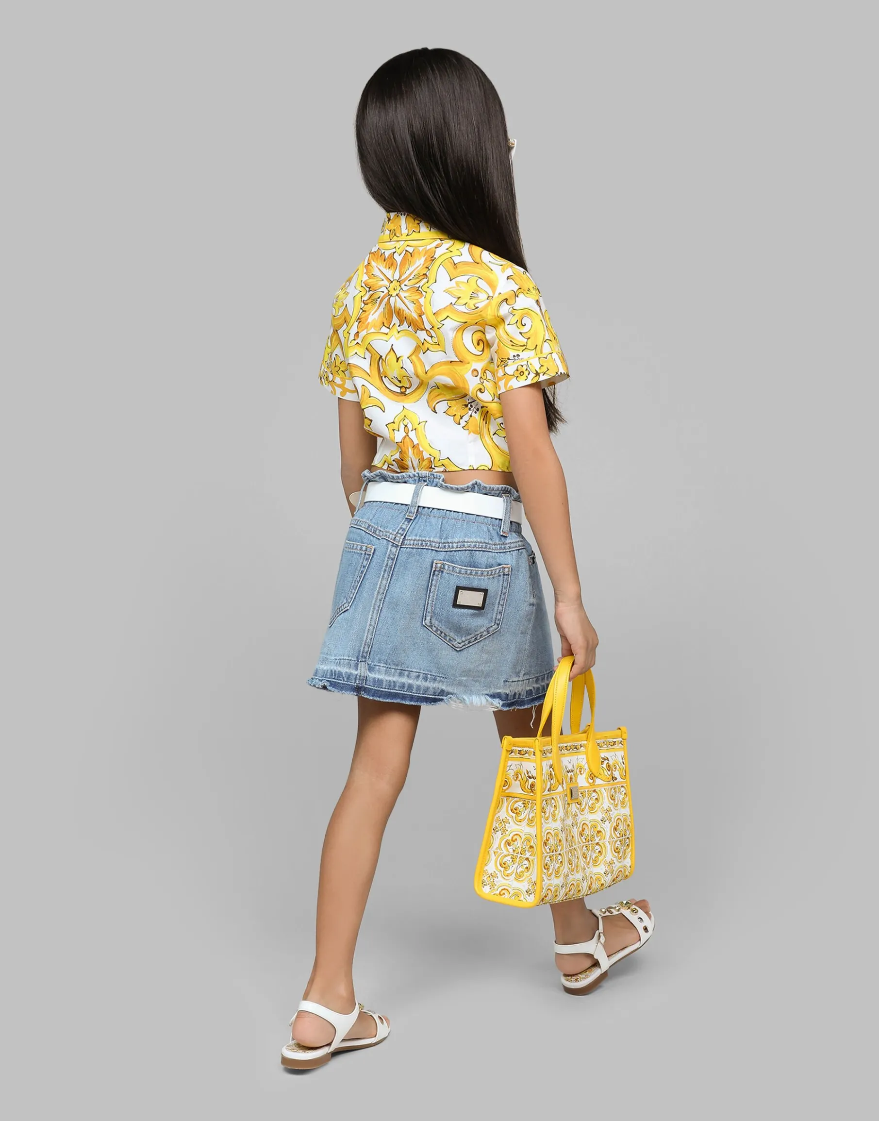 Canvas handbag with yellow majolica print