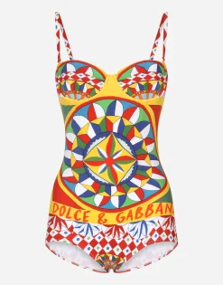 Carretto-print balconette one-piece swimsuit