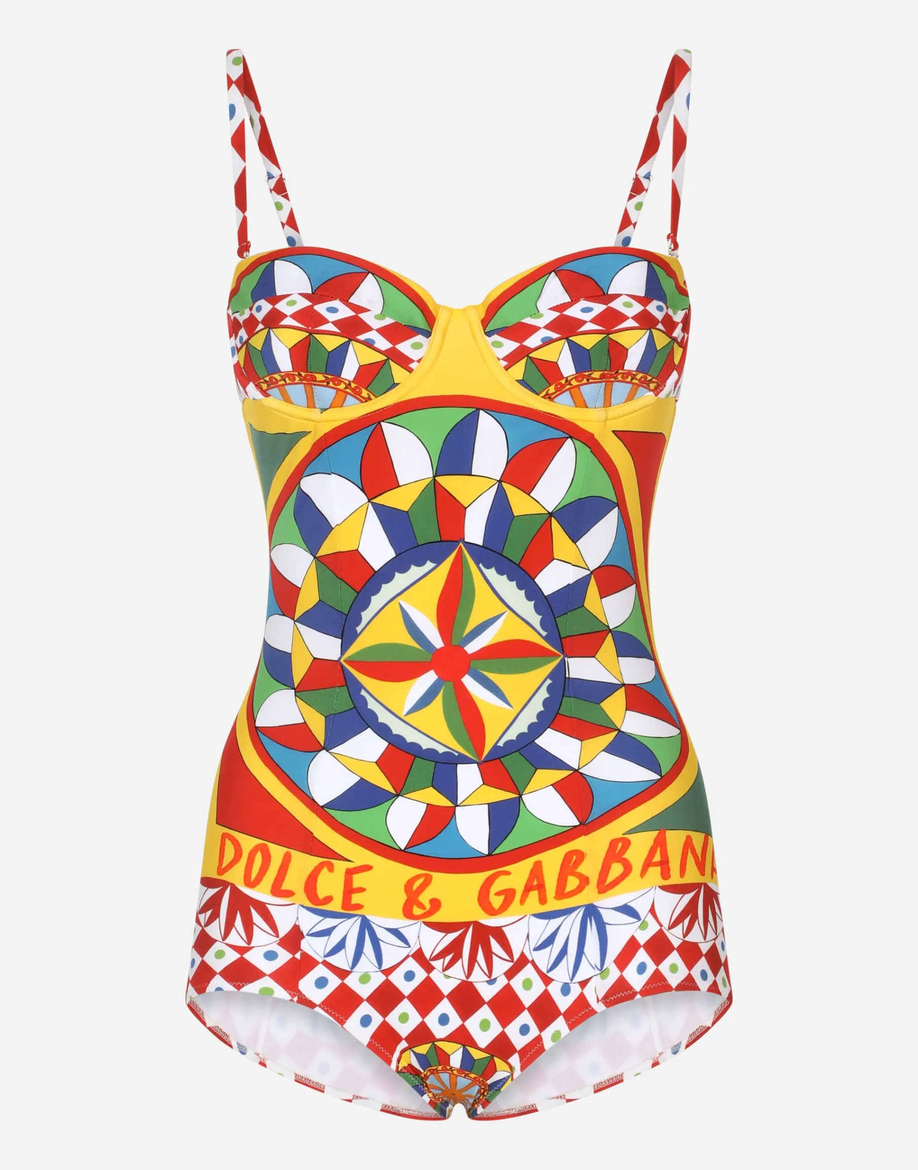 Carretto-print balconette one-piece swimsuit