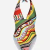 Carretto-print one-piece swimsuit with plunging neckline