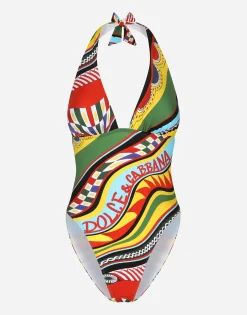 Carretto-print one-piece swimsuit with plunging neckline