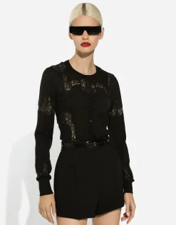 Cashmere and silk cardigan with lace inlay