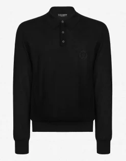 Cashmere polo-style sweater with DG logo embroidery