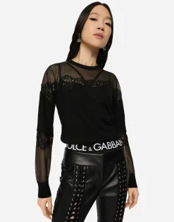 Cashmere, tulle and silk sweater with lace