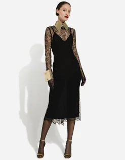 Chantilly lace fil coupé calf-length dress