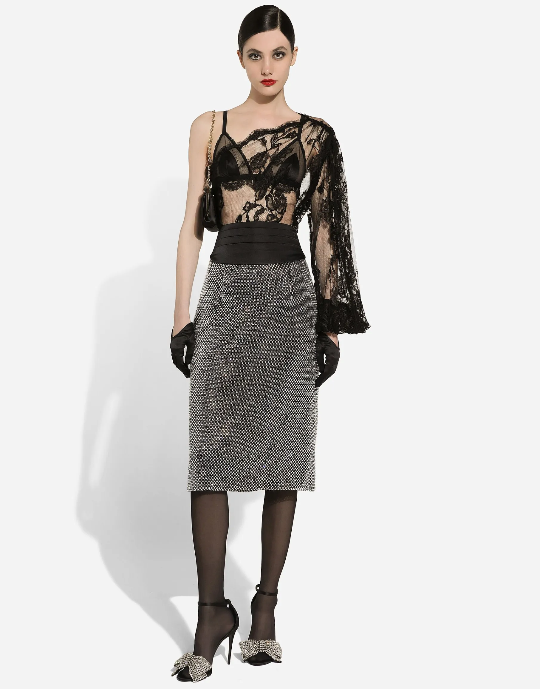 Chantilly lace one-shoulder blouse