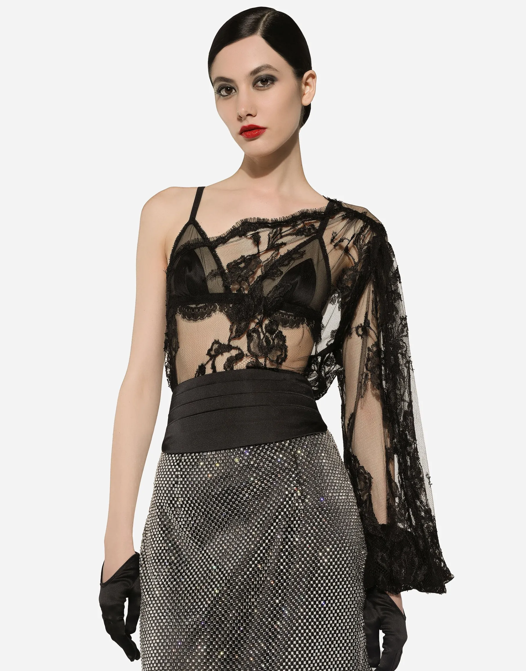 Chantilly lace one-shoulder blouse
