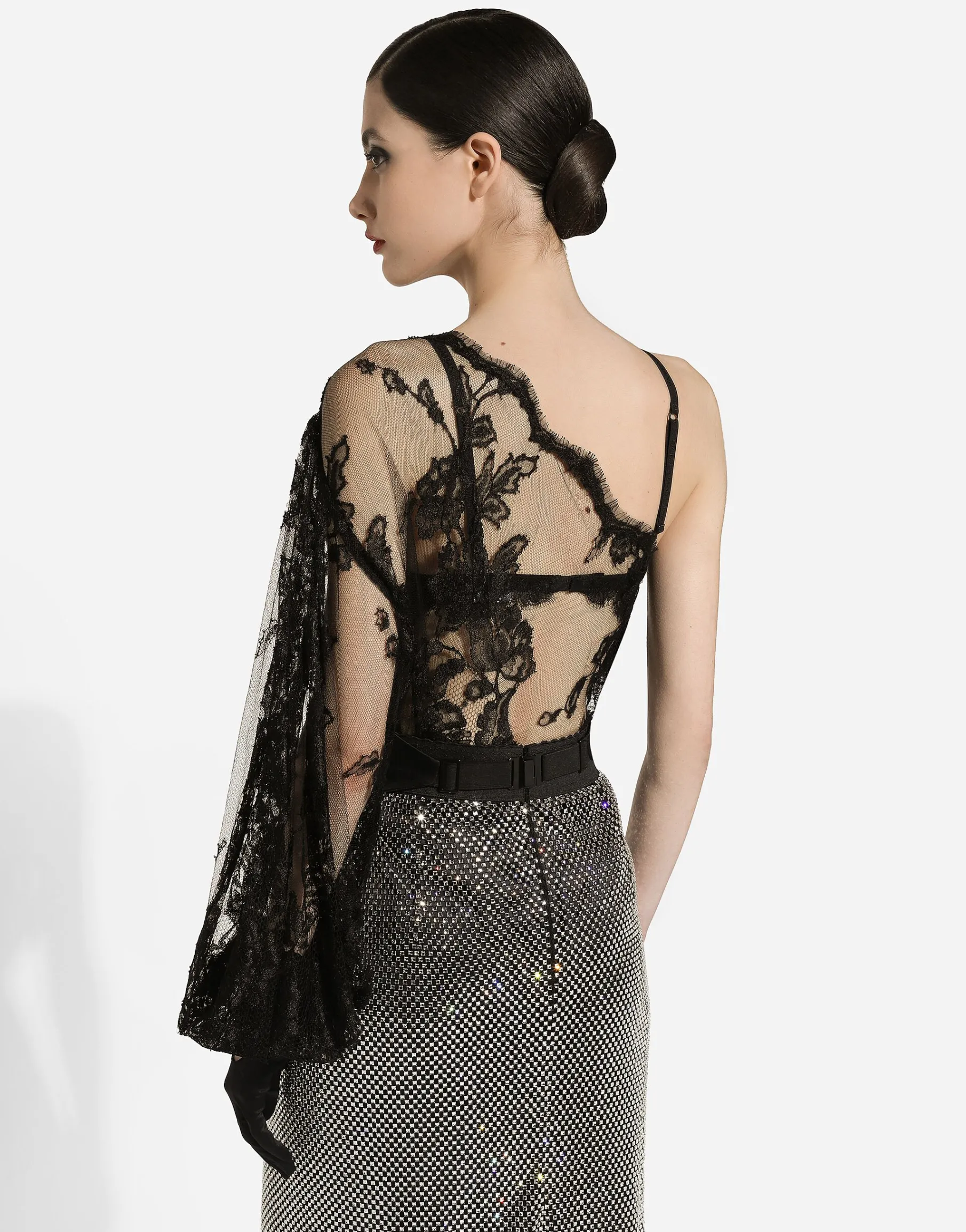 Chantilly lace one-shoulder blouse