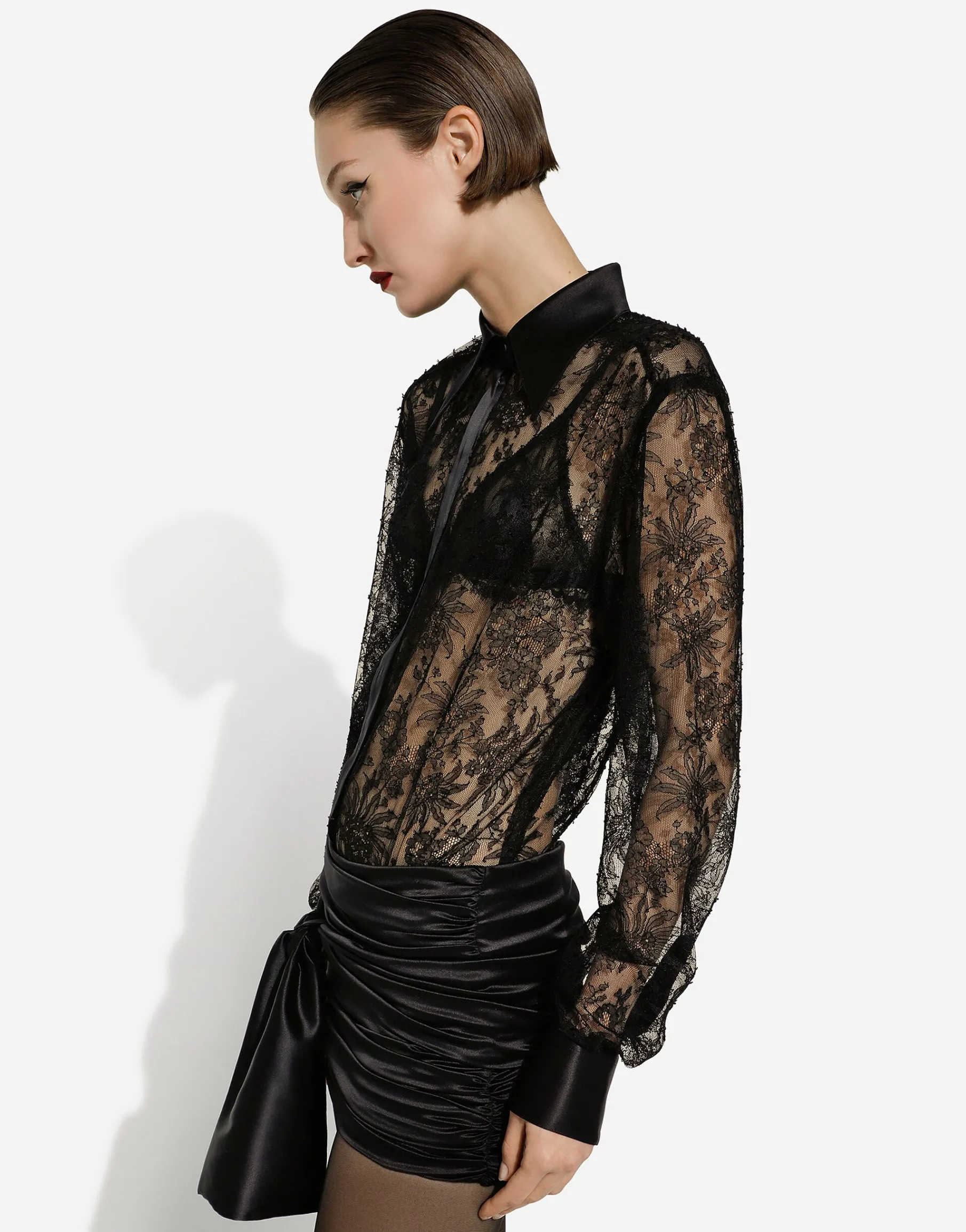 Chantilly lace shirt with satin details