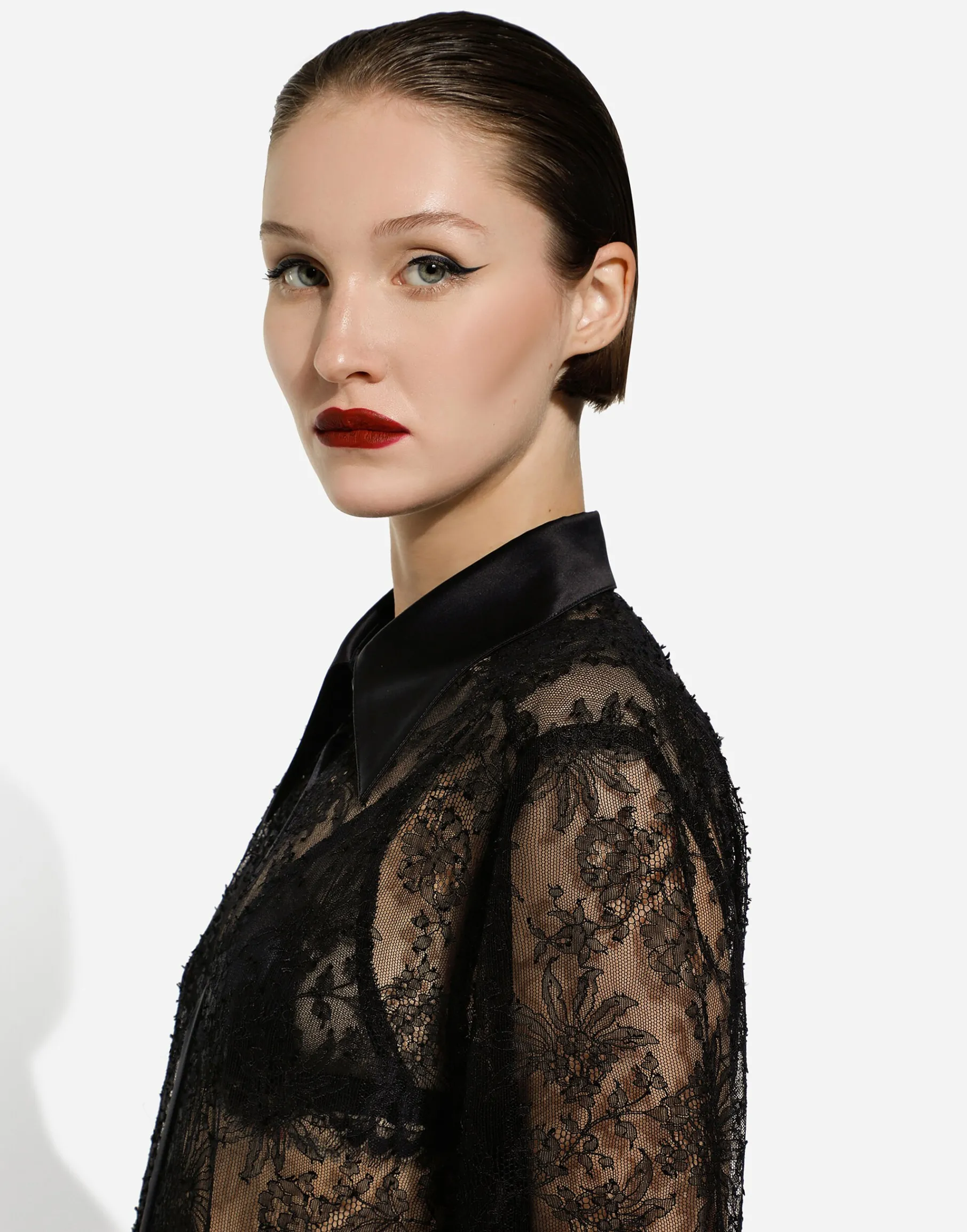 Chantilly lace shirt with satin details
