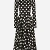 Charmeuse calf-length circle-skirt dress with polka-dot print