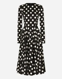 Charmeuse calf-length circle-skirt dress with polka-dot print
