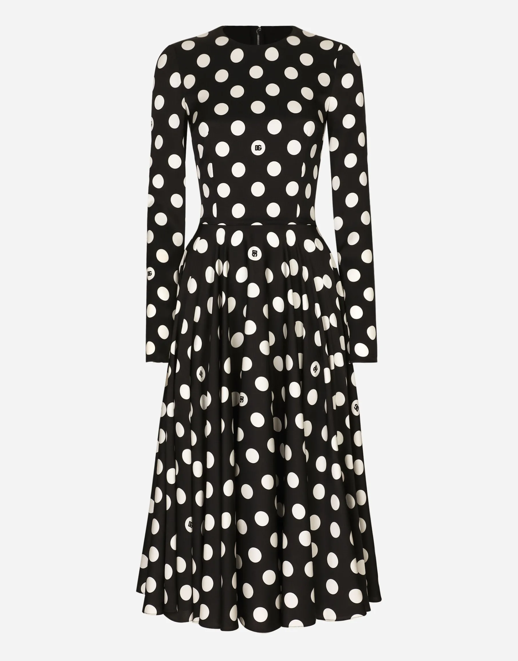 Charmeuse calf-length circle-skirt dress with polka-dot print