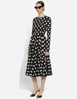 Charmeuse calf-length circle-skirt dress with polka-dot print