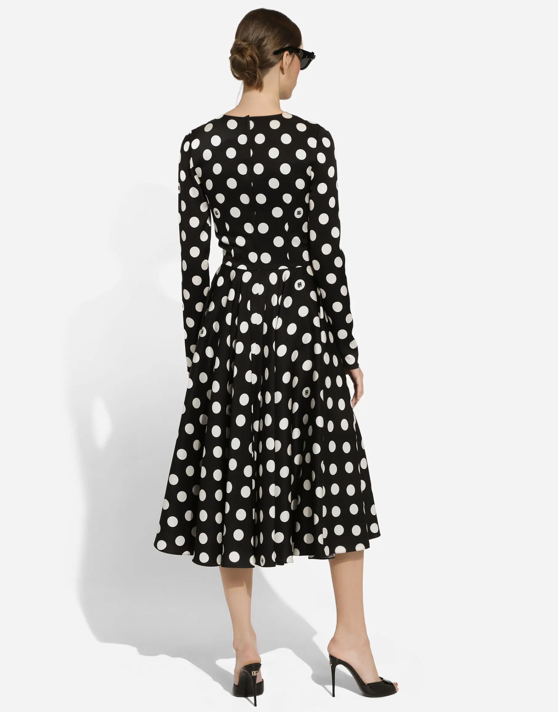 Charmeuse calf-length circle-skirt dress with polka-dot print