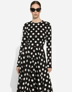 Charmeuse calf-length circle-skirt dress with polka-dot print