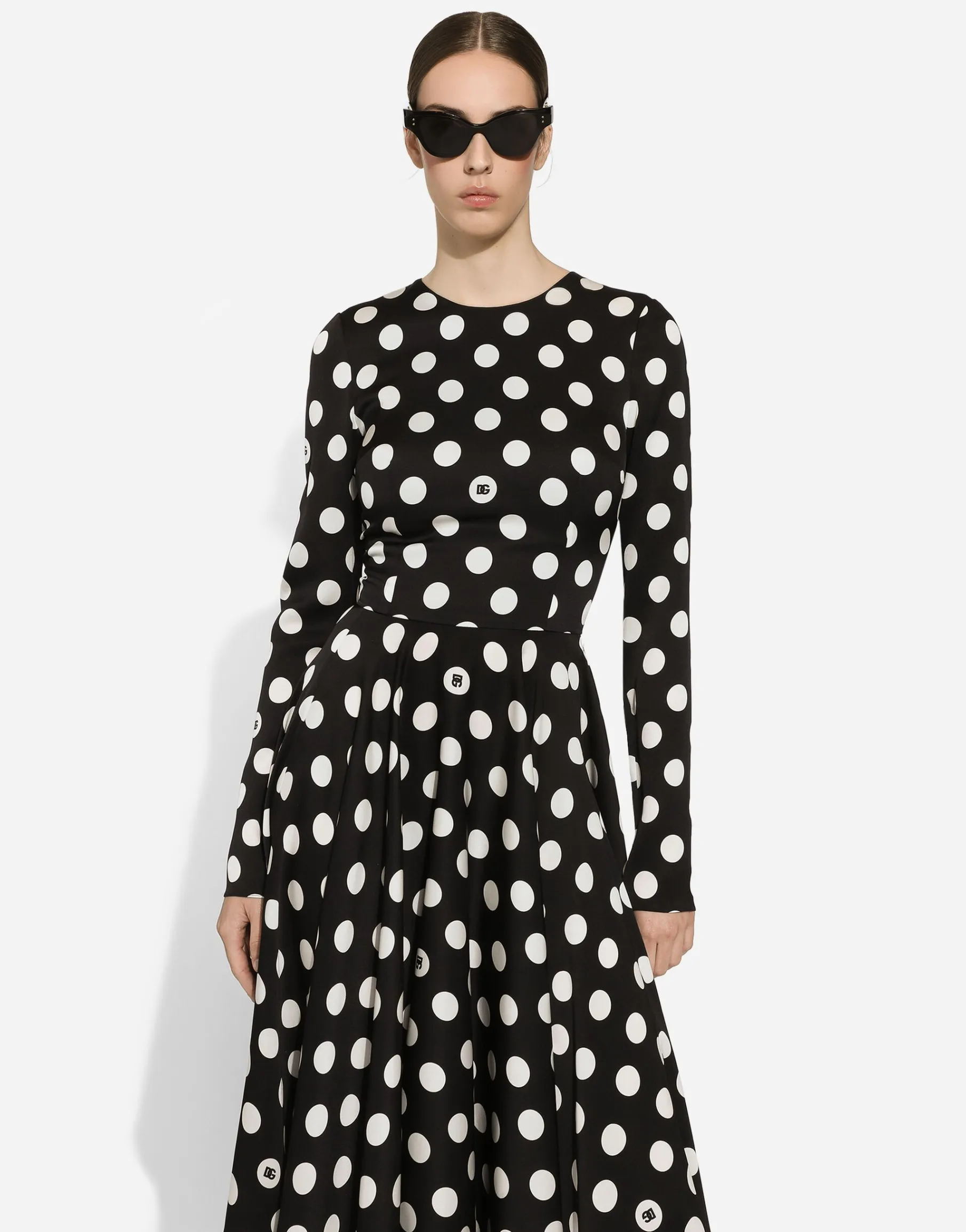 Charmeuse calf-length circle-skirt dress with polka-dot print