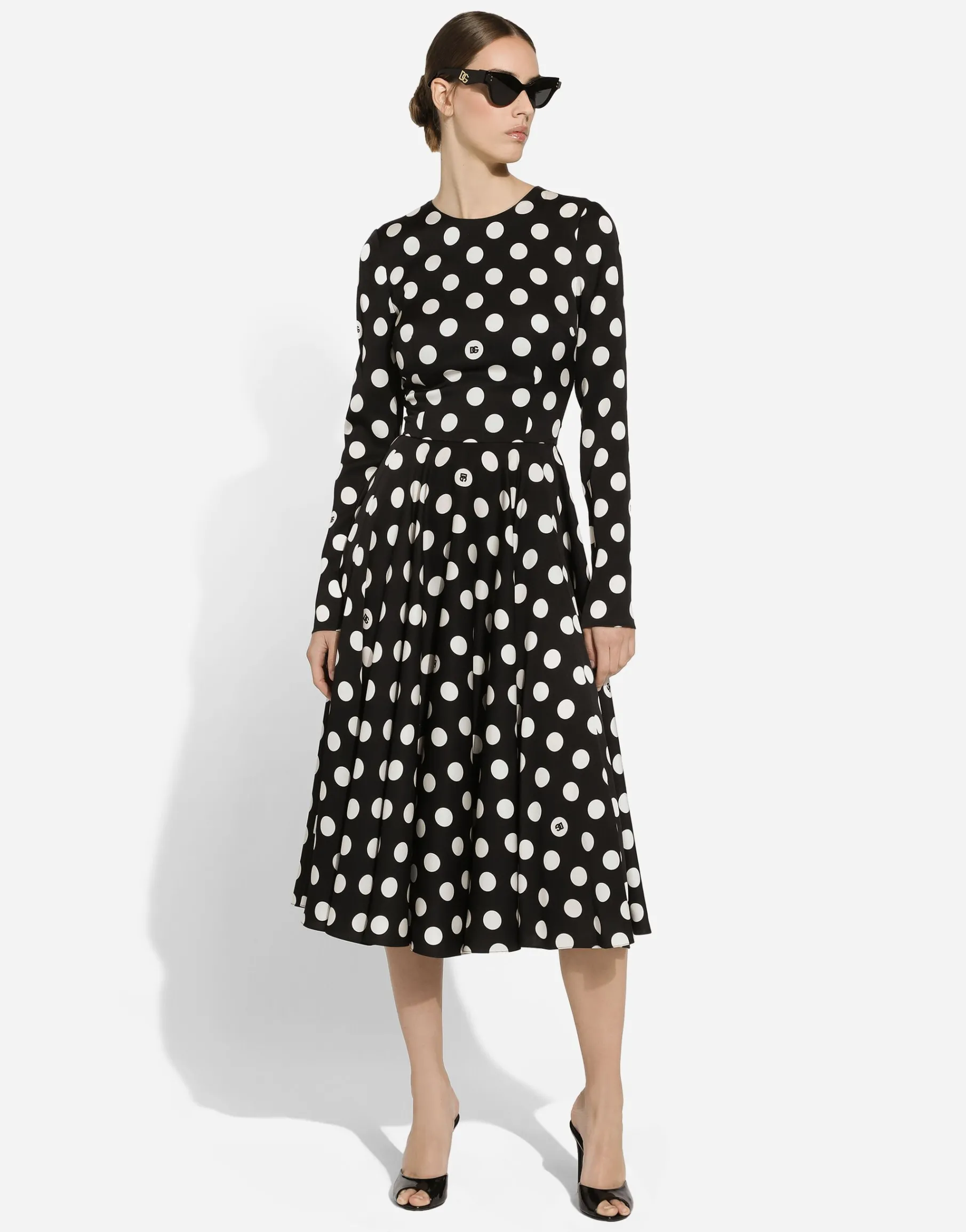 Charmeuse calf-length circle-skirt dress with polka-dot print
