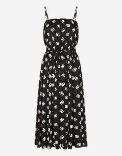 Charmeuse calf-length dress with all-over DG logo print