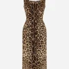 Charmeuse calf-length dress with leopard print