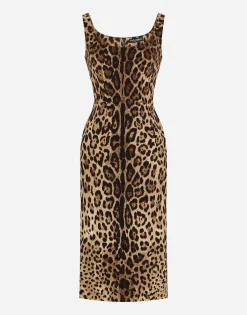 Charmeuse calf-length dress with leopard print