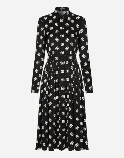 Charmeuse calf-length dress with all-over DG print