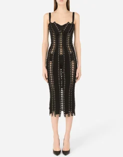 Charmeuse calf-length dress with laces and eyelets