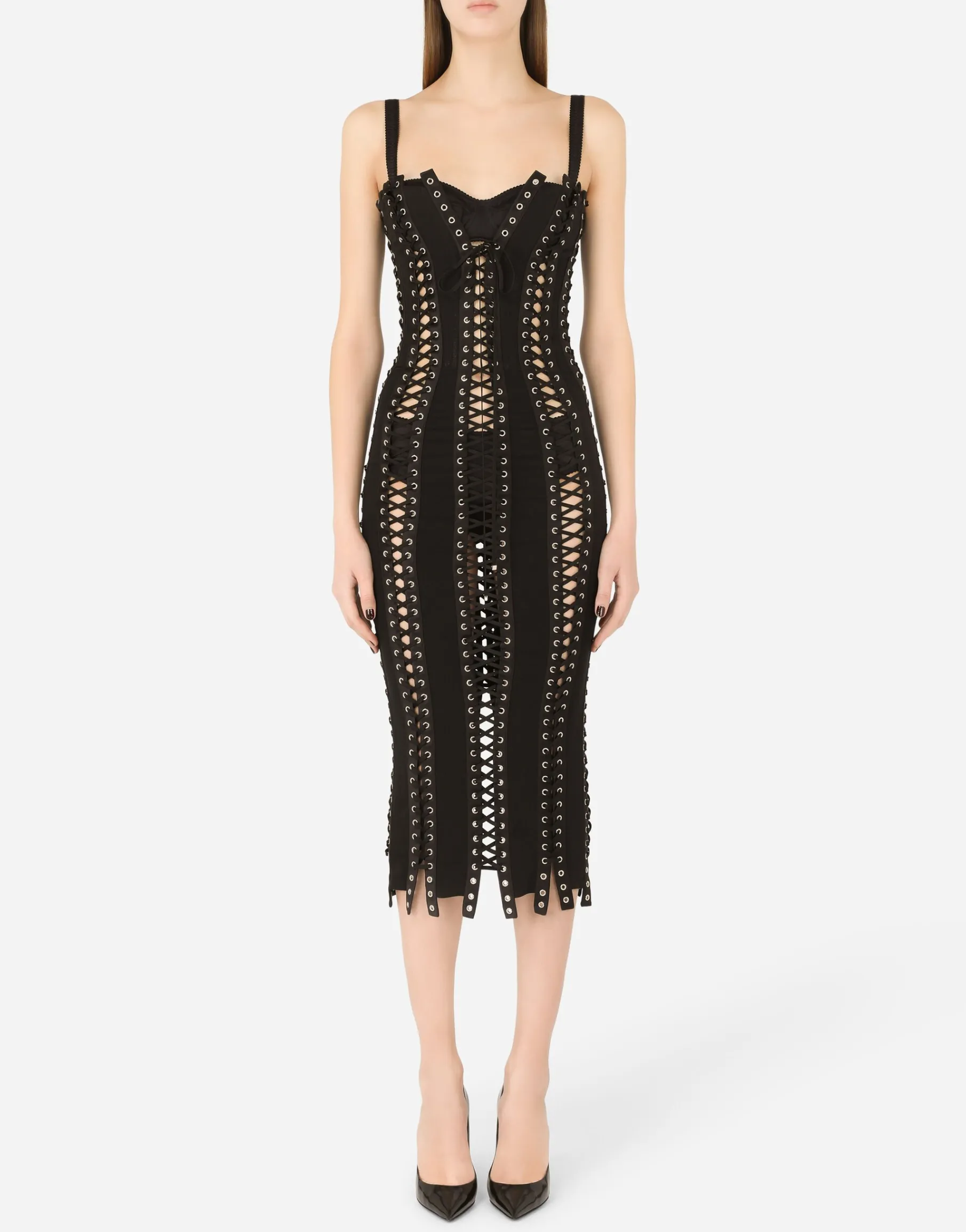 Charmeuse calf-length dress with laces and eyelets