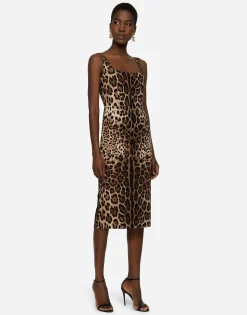 Charmeuse calf-length dress with leopard print