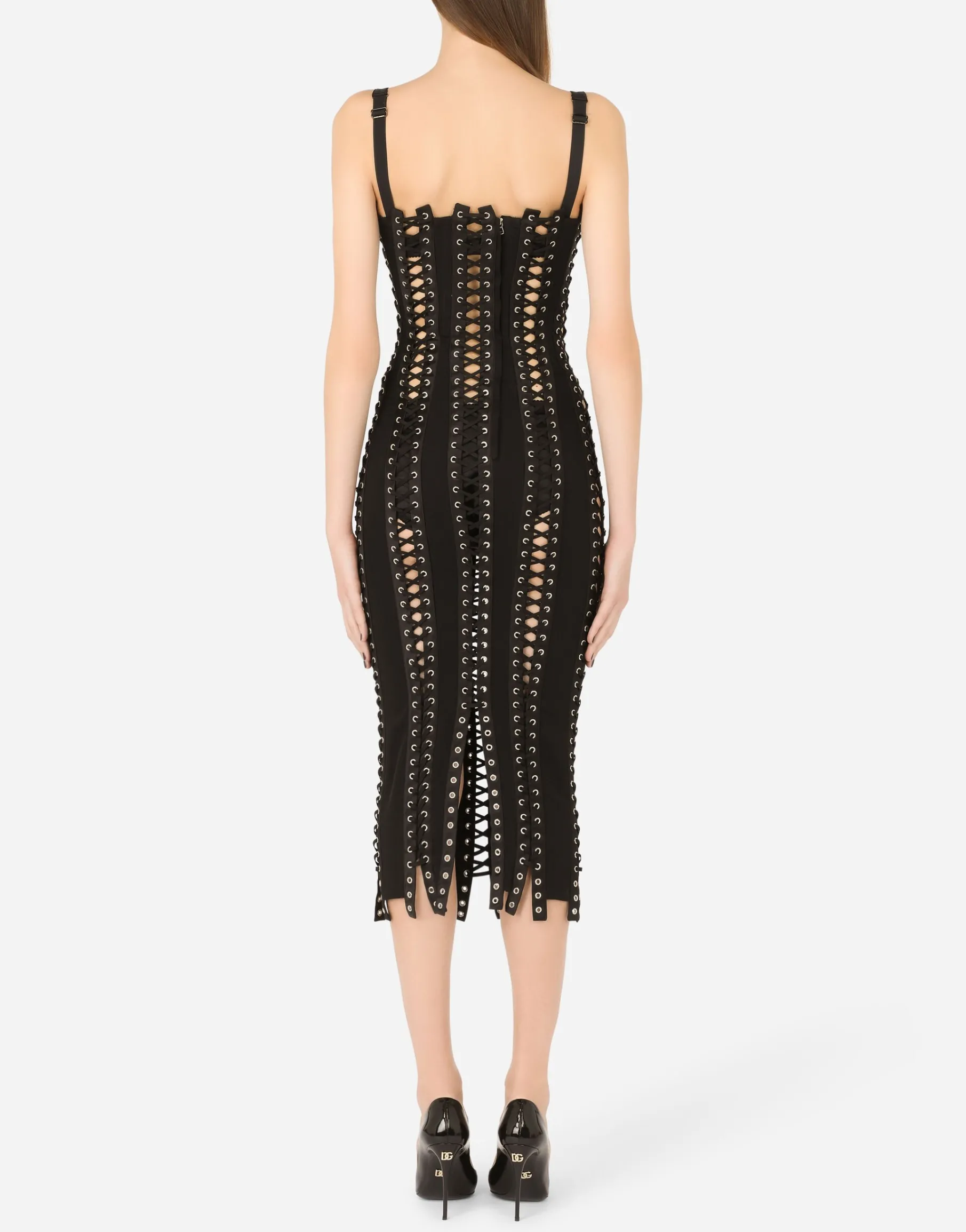 Charmeuse calf-length dress with laces and eyelets
