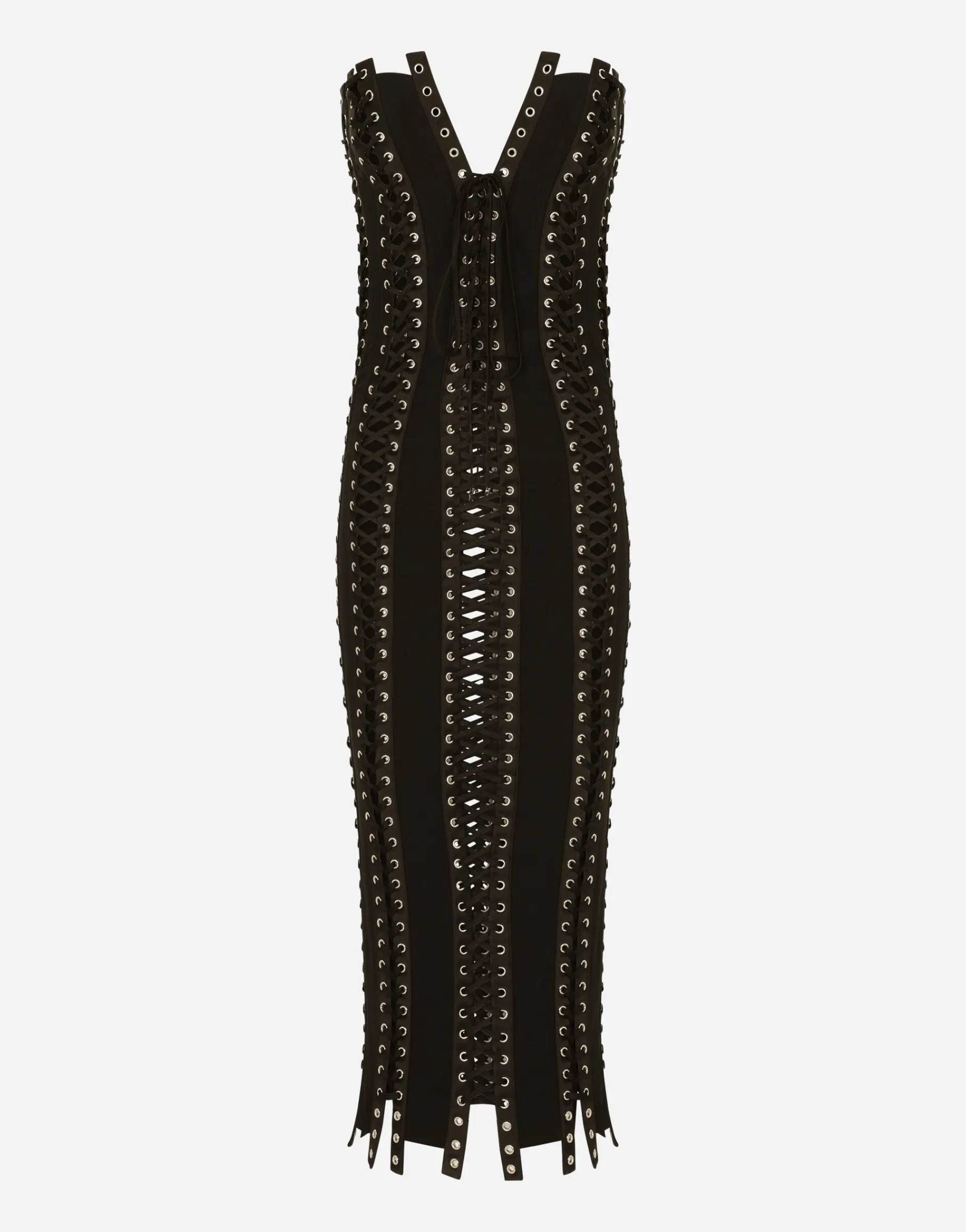 Charmeuse calf-length dress with laces and eyelets