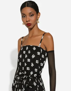 Charmeuse calf-length dress with all-over DG logo print