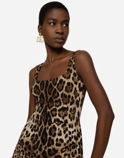 Charmeuse calf-length dress with leopard print