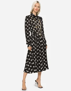 Charmeuse calf-length dress with all-over DG print
