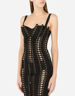 Charmeuse calf-length dress with laces and eyelets