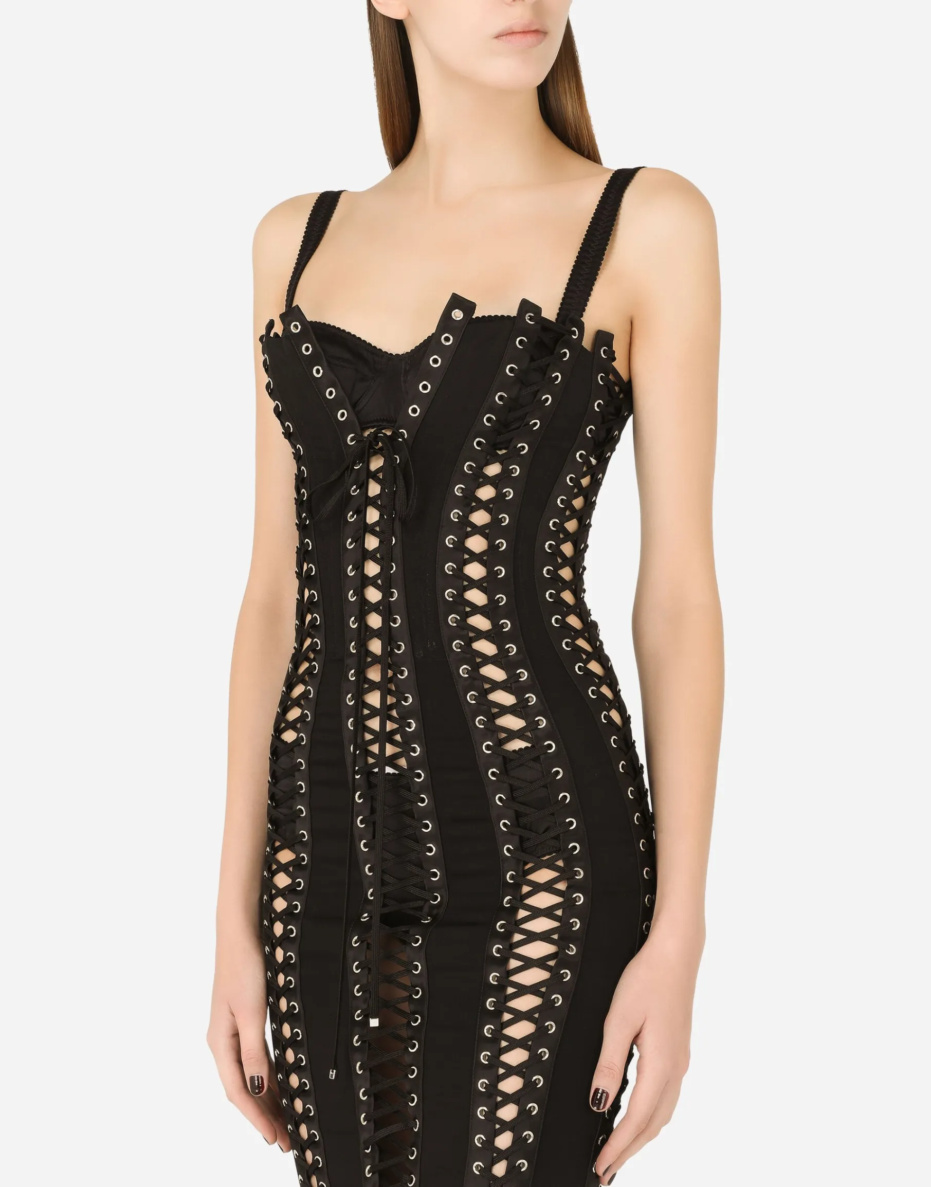 Charmeuse calf-length dress with laces and eyelets