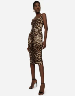 Charmeuse calf-length dress with leopard print