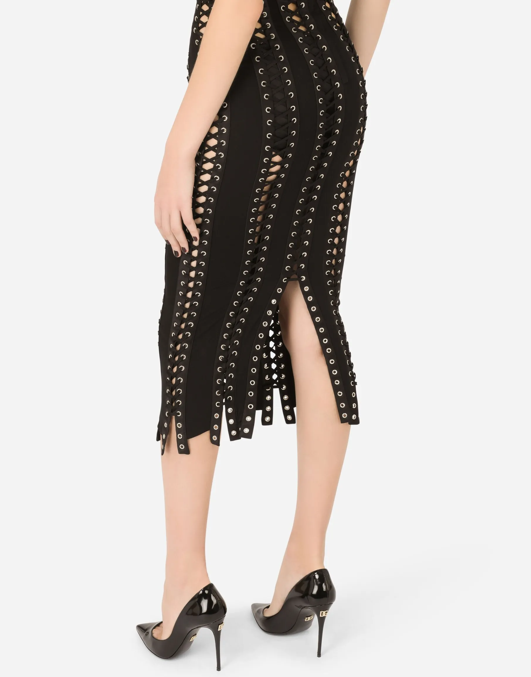 Charmeuse calf-length dress with laces and eyelets