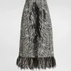 Charmeuse calf-length pencil skirt with fur print and feathered detailing