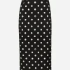 Charmeuse calf-length pencil skirt with polka-dot print