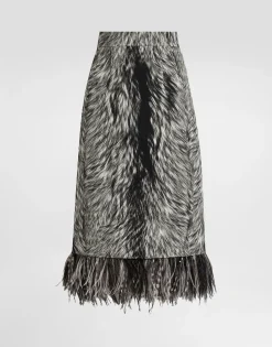 Charmeuse calf-length pencil skirt with fur print and feathered detailing
