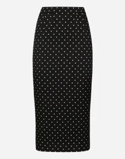 Charmeuse calf-length pencil skirt with polka-dot print