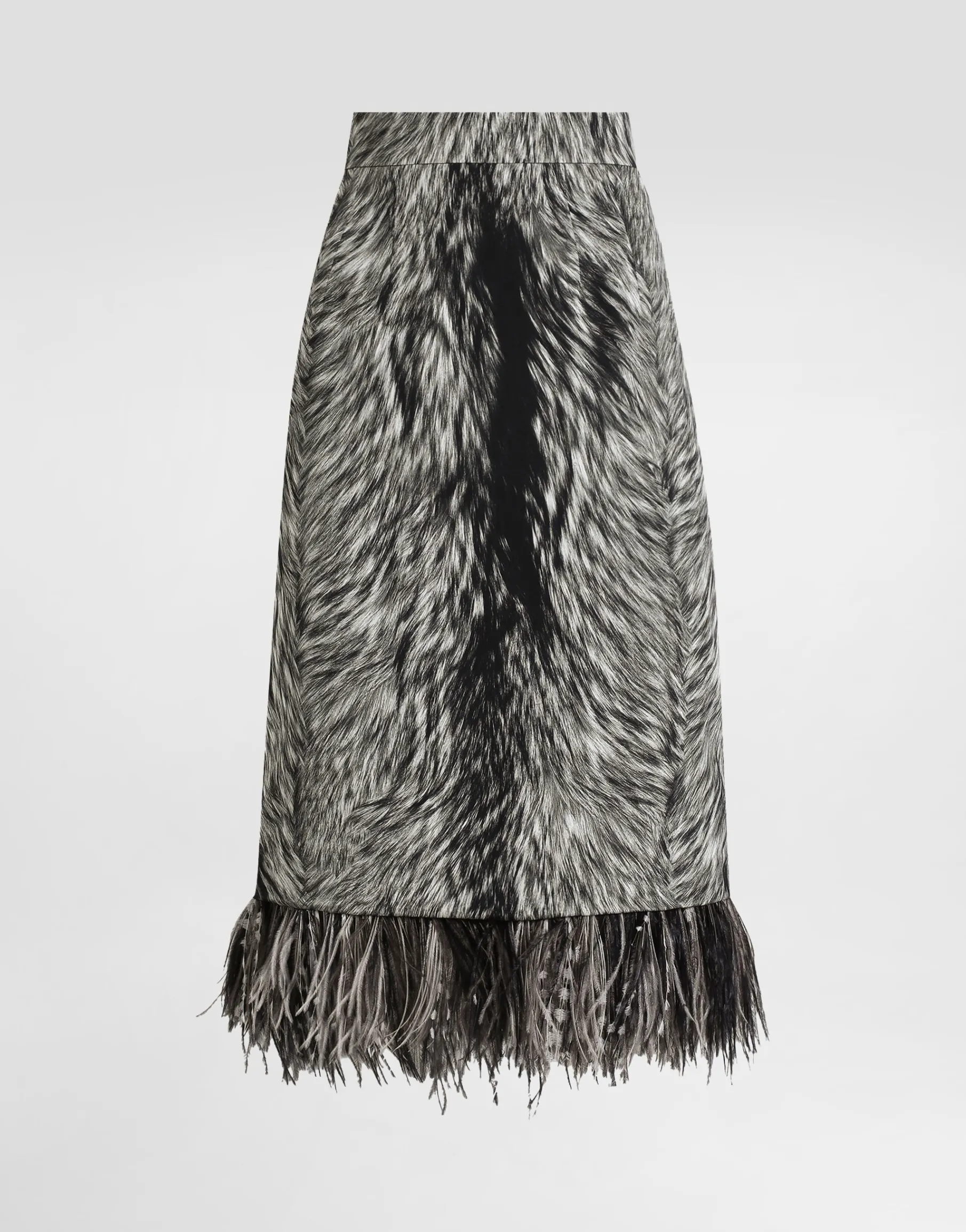 Charmeuse calf-length pencil skirt with fur print and feathered detailing