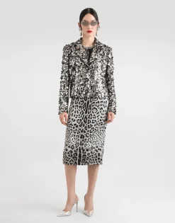 Charmeuse calf-length pencil skirt with leopard print
