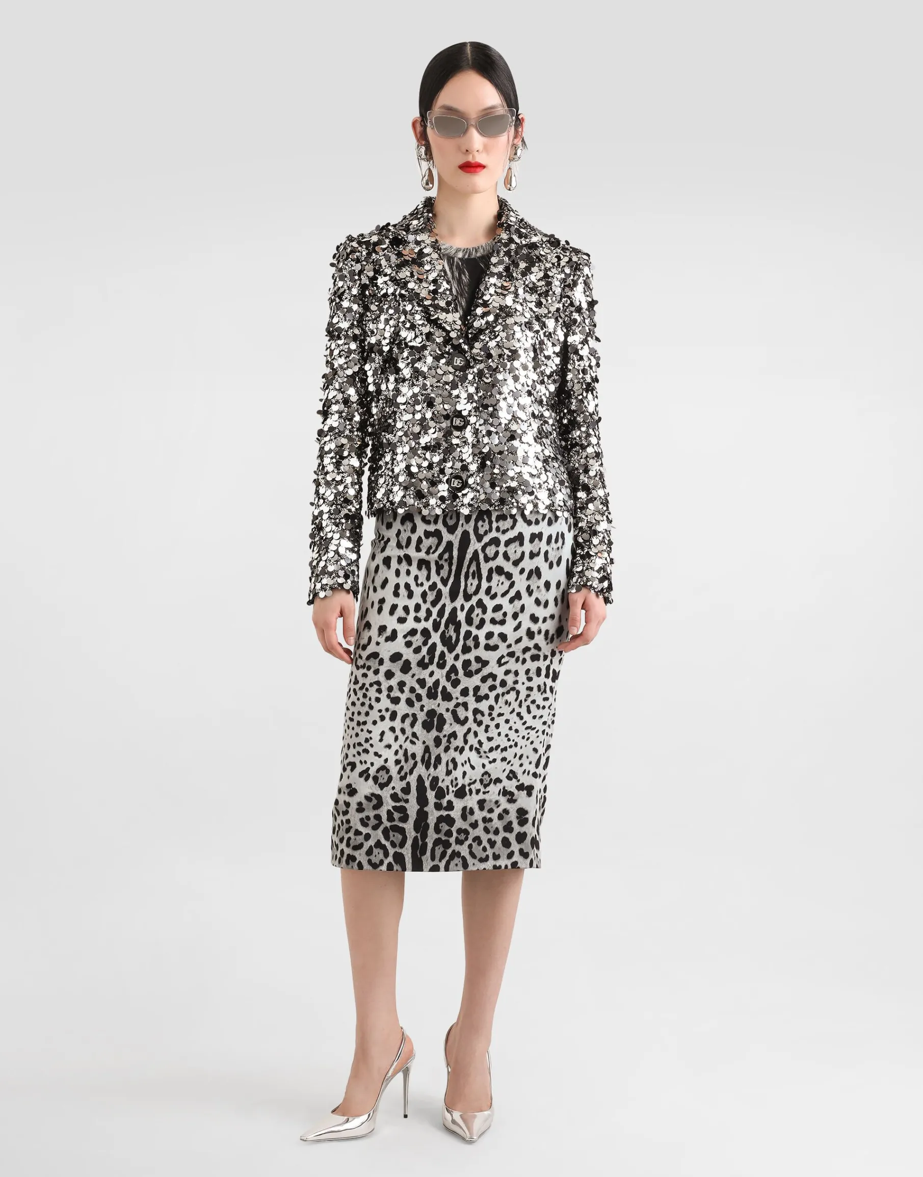 Charmeuse calf-length pencil skirt with leopard print