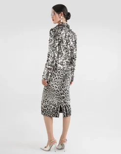 Charmeuse calf-length pencil skirt with leopard print