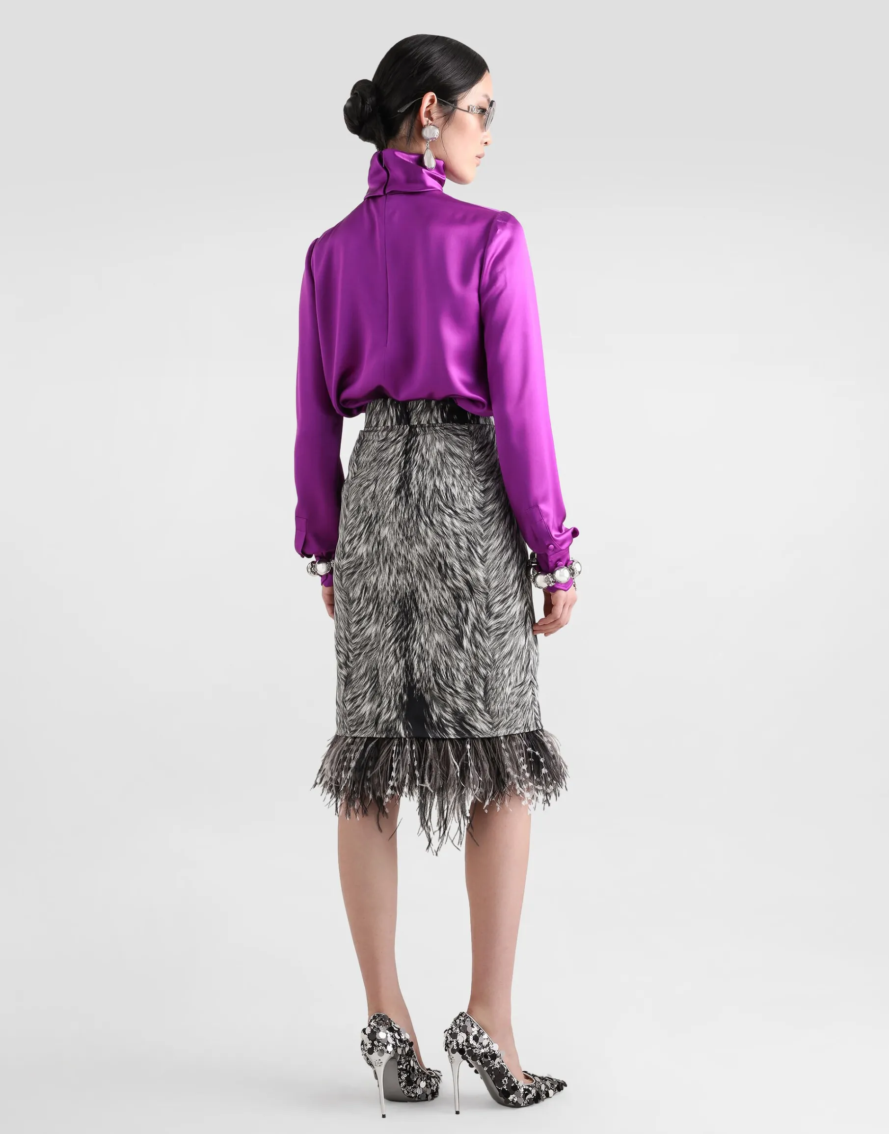 Charmeuse calf-length pencil skirt with fur print and feathered detailing
