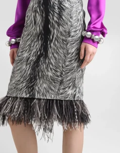 Charmeuse calf-length pencil skirt with fur print and feathered detailing